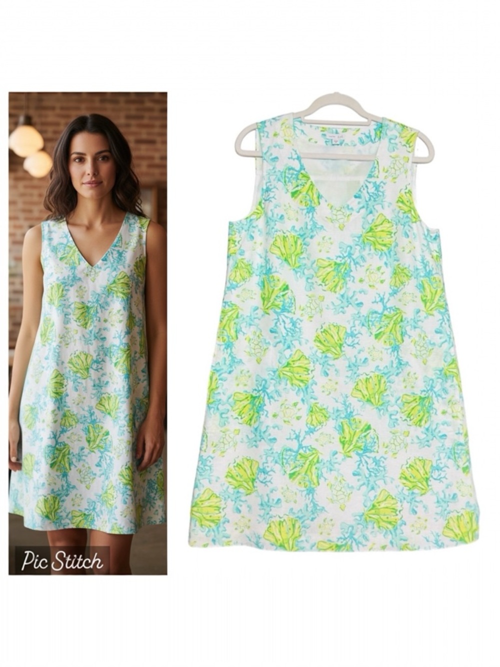 J Jill Love Linen Aqua Green Shift V Neck Dress M Sea Turtle Coral Print EUC